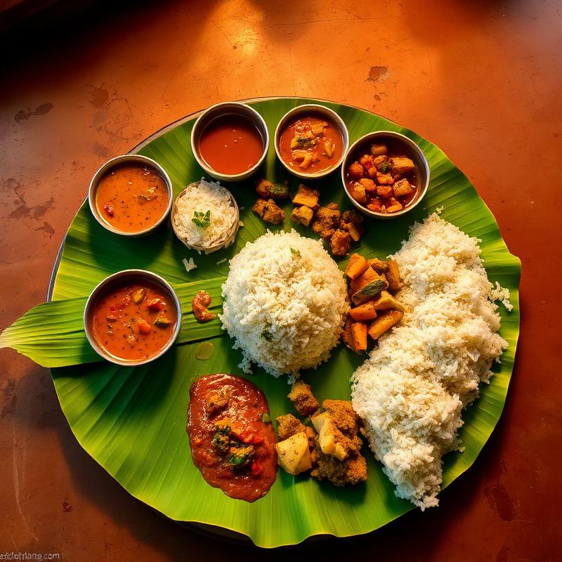 A sattvic Indian thali meal on a banana leaf